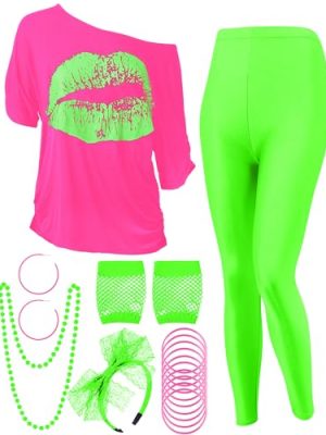 80s Women Costume Set, Lips Print off Shoulder T-shirt, Geometric Legging Pants Earring Necklace Gloves Bracelet
