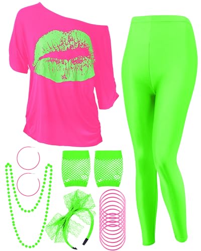80s Women Costume Set, Lips Print off Shoulder T-shirt, Geometric Legging Pants Earring Necklace Gloves Bracelet