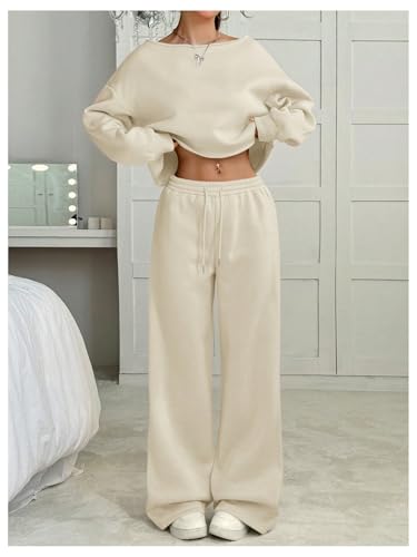 Women's 2 Piece Outfits Fall Sweatsuits Off The Shoulder Crop Top Wide Leg Sweatpants Casual Matching Lounge Sets Pure Apricot