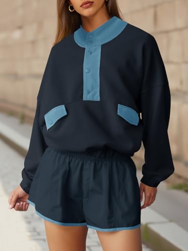 Womens 2 Piece Sets Sweatsuits Casual Half Button Color Block Sweatshirts Running Shorts Tracksuits Fall Outfits