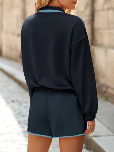 Womens 2 Piece Sets Sweatsuits Casual Half Button Color Block Sweatshirts Running Shorts Tracksuits Fall Outfits