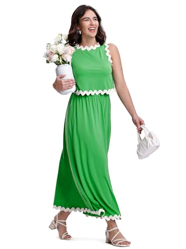 Womens 2 Piece Outfits Dressy Casual Summer Crop Tops Ric Rac Trim High Waisted Maxi Skirt Set with Pocket