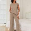 Lounge Sets for Women Two Piece Outfits Knit Cap Sleeve Tops Wide Leg Pleated Pants Casual Dressy Sweater Sets