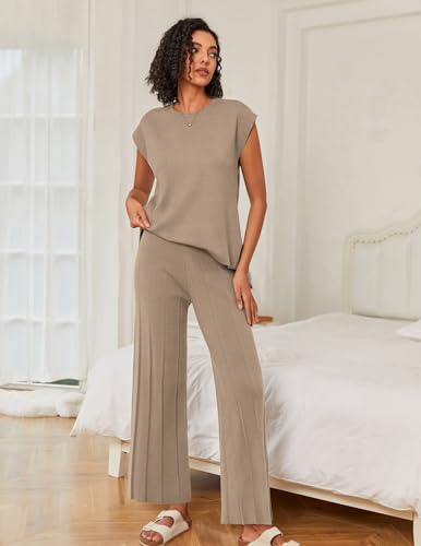 Lounge Sets for Women Two Piece Outfits Knit Cap Sleeve Tops Wide Leg Pleated Pants Casual Dressy Sweater Sets