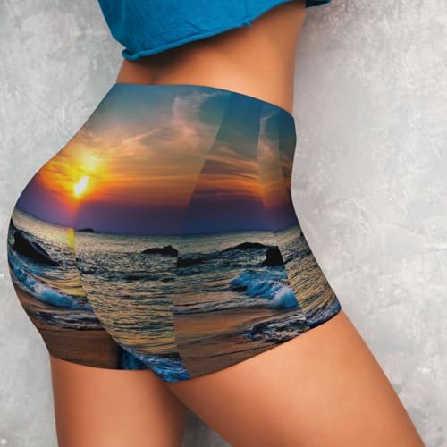 Beach and Sunset Print Women's Workout Shorts Elastic Athletic Gym Shorts Summer Seamless High-Waisted Yoga