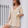 Womens Pajamas 2 Piece Lounge Sets Oversized V Neck T-Shirts Tops Biker Shorts Set Workout Reversible Tracksuit S-XXL