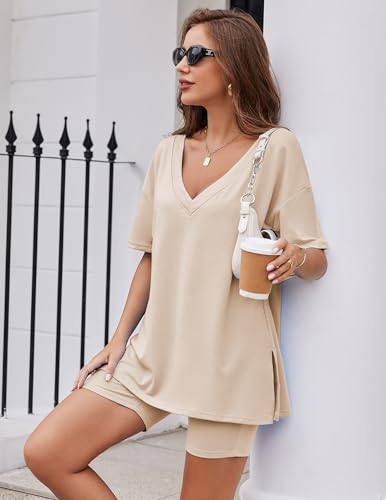 Womens Pajamas 2 Piece Lounge Sets Oversized V Neck T-Shirts Tops Biker Shorts Set Workout Reversible Tracksuit S-XXL