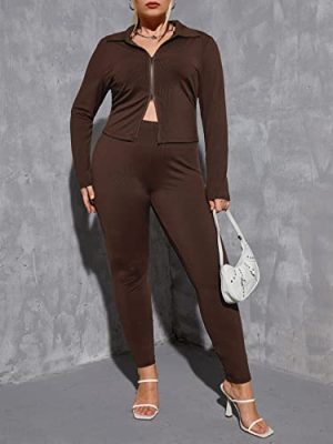 ROSHD Women's Plus Size Clothing Sets Fall Clothin Plus Zip Up Top & Leggings Autumn/Winter Clothing ROSHD (Color : Chocolate