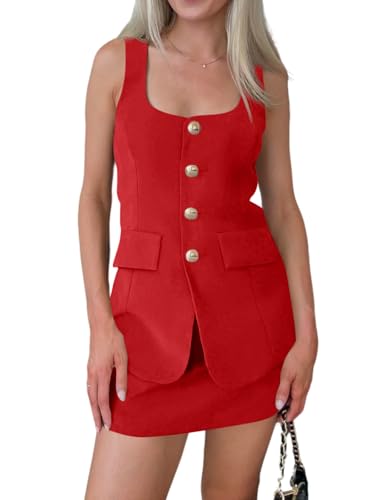 Womens Summer 2 Piece Outfits Sleeveless Scoop Neck Fitted Blazer Vest Matching Set Mini Skirt Short Suit Work Sets