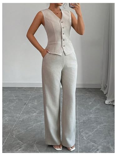 Women's 2 Piece Outfits V Neck Button Down Vest Tops and High Waisted Pants Set Office Work Suit