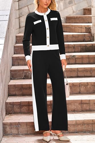 Women's 2 Piece Outfits Long Sleeve Button Down Color Block Cardigan Sweater Sets Wide Leg Pant Lounge Set
