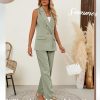 Women Suits 2 Piece Sets Button Lapel V Neck Sleeveless Blazer Vest and Wide Leg Pants Suit Matching Outfits
