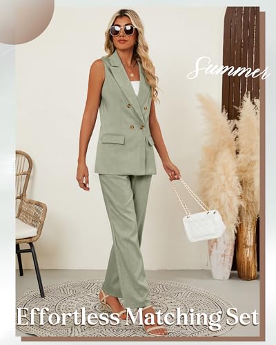 Women Suits 2 Piece Sets Button Lapel V Neck Sleeveless Blazer Vest and Wide Leg Pants Suit Matching Outfits