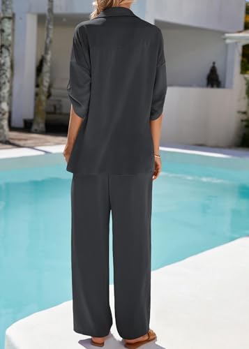 Two Piece Sets for Women Summer Outfits 2025 Dressy Casual Half Sleeve Button Down Shirt Wide Leg Pants Lounge Set