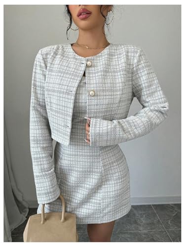 Women's 2 Piece Outfits Plaid Long Sleeve Button Down Cropped Jacket and Sleeveless Mini Dress Sets