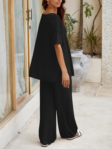 Women's 2 Piece Travel Outfits Casual Short Sleeve Knit Sweater Set Wide Leg Pants Lounge Sets Tracksuit