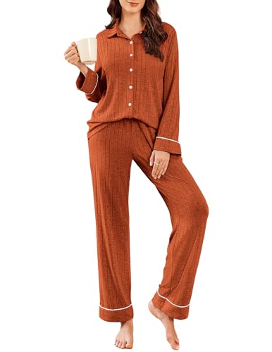 Womens Pajama Sets Long Sleeve Ribbed Knit Lounge Set Button Down Soft 2 Piece Pjs With Pockets