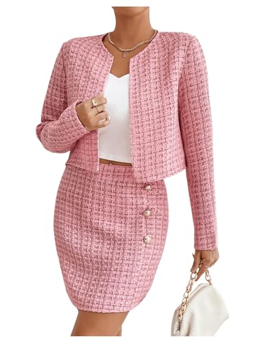 Women's 2 Piece Outfits Plaid Tweed Blazer Long Sleeve Jacket and Skirt Set