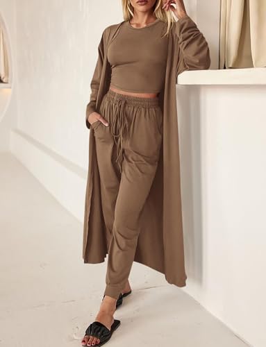 3 Piece Lounge Sets for Women Airplane Travel Outfits 2025 Fall Cardigan Sleeveless Top Pants Sets Matching Clothing