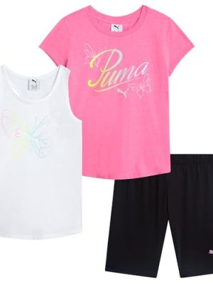Girls' Active Shorts Set - 3 Piece Performance T-Shirt, Tank Top, Bike Shorts - Summer Athletic Outfit for Girls (7-14)