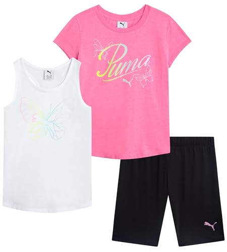 Girls' Active Shorts Set - 3 Piece Performance T-Shirt, Tank Top, Bike Shorts - Summer Athletic Outfit for Girls (7-14)