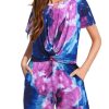 Girls Summer 2 Piece Outfits Tie Dye Short Sets Casual Twist Front Short Sleeve Tops and Pant with Pockets