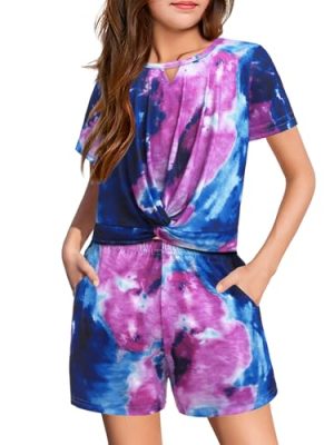 Girls Summer 2 Piece Outfits Tie Dye Short Sets Casual Twist Front Short Sleeve Tops and Pant with Pockets