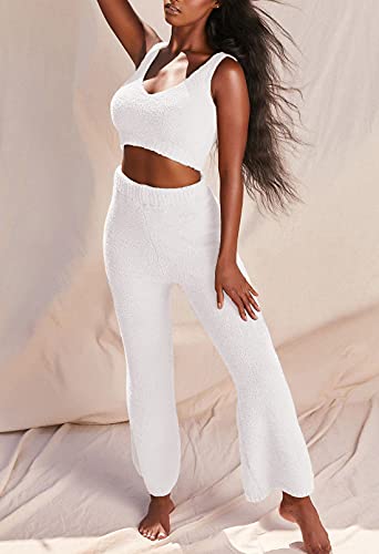 Women's Fuzzy 3 Piece Lounge Sets Sweatsuits Open Front Cardigan Crop Tank Tops Wide Legs Pants Outfits