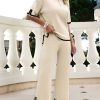 Womens 2 Piece Outfits Summer Sweater Sets Short Sleeve Knit Pullover Tops Wide Leg Pants Lounge Sets Tracksuits