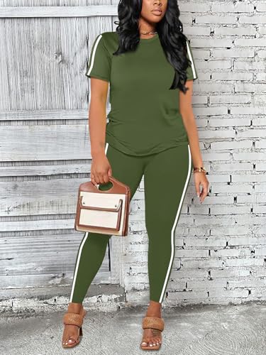 Women's 2 Piece Outfits Sweatsuit Summer Workout Striped Short Sleeve Long Sweatpants Casual Jogging Lounge Set