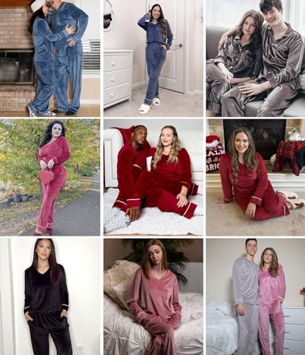 Couples Matching Pajamas Sets Velvet PJs Set for Men and Women Velour Long Sleeve Sleepwear S-XXL Navy