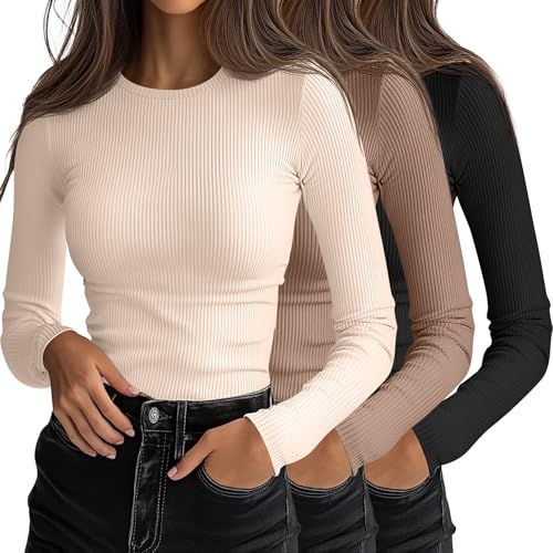 3 Pack Women's Ribbed Long Sleeve Tops, Crew Neck Slim Fit Undershirts Knit Basic Casual Stretch Layering Tee Shirts