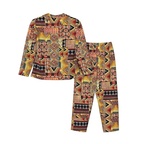 African Textile Patchwork Print Soft Button Top With Pants Fall Pajamasï¼ŒChic Women'S Long-Sleeved Pajama Set