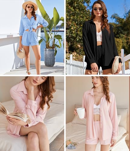 2 Piece Sets for Women Lounge Sets Button Down Matching Shorts Sets with Pockets Swiss Dot Outfits