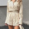 Womens 2 Piece Outfits Striped Long Sleeve Button Down Collared Shirt Matching Shorts Sets