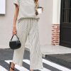 Womens Striped 2 Piece Sets Short Sleeve T Shirts Wide Leg Pants Matching Lounge Set with Pockets