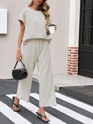 Womens Striped 2 Piece Sets Short Sleeve T Shirts Wide Leg Pants Matching Lounge Set with Pockets
