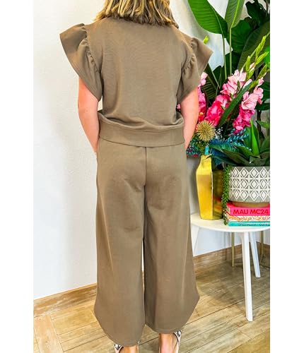 Two Piece Sets for Women Summer Outfits Ruffle Cap Sleeve Zip Top Wide Leg Pants Lounge Set Tracksuits