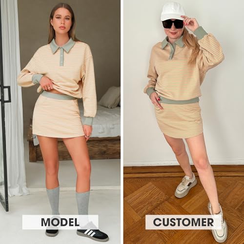 Women Fall Two Piece Sets Cotton Striped Set Sweatshirt Matching Skort Skirt Sweatsuits Workout Tracksuit Outfits 2025