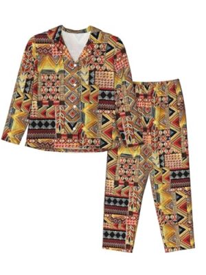 African Textile Patchwork Print Soft Button Top With Pants Fall Pajamasï¼ŒChic Women'S Long-Sleeved Pajama Set