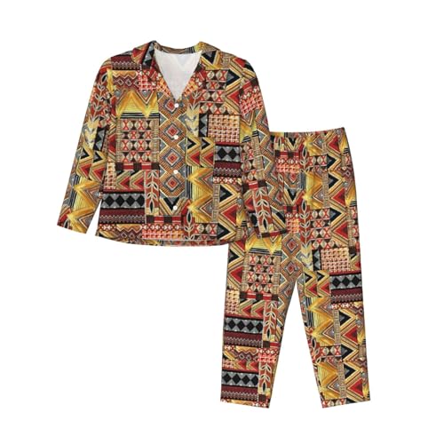 African Textile Patchwork Print Soft Button Top With Pants Fall Pajamasï¼ŒChic Women'S Long-Sleeved Pajama Set