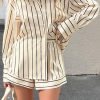 Womens 2 Piece Outfits Striped Long Sleeve Button Down Collared Shirt Matching Shorts Sets