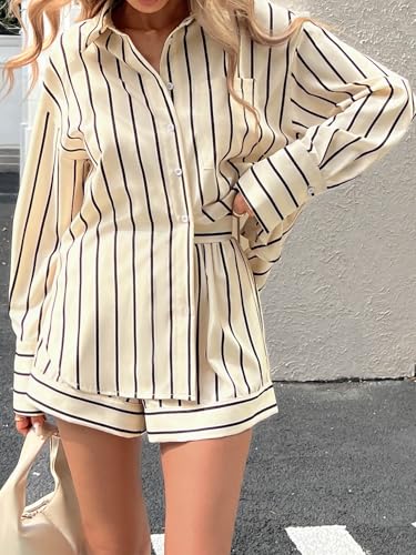 Womens 2 Piece Outfits Striped Long Sleeve Button Down Collared Shirt Matching Shorts Sets