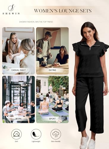 2 Piece Sets Outfits for Women V Neck Collared Ruffle Short Sleeve Polo Shirts Quarter Zip Pullover Tops Lounge Set