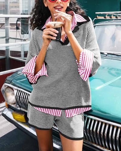 Womens Sweater Set 2 Piece Outfits Oversized 3/4 Sleeve V Neck Knit Tops High Waisted Shorts Lounge Sets
