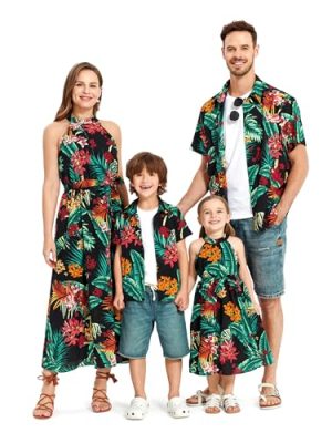 Family Hawaiian Matching Outfits Mommy and Me Outfits Caribbean Vacation Summer Tropical Halter Sundresses and Shirts