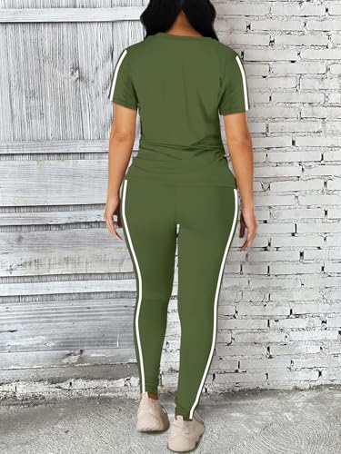 Women's 2 Piece Outfits Sweatsuit Summer Workout Striped Short Sleeve Long Sweatpants Casual Jogging Lounge Set