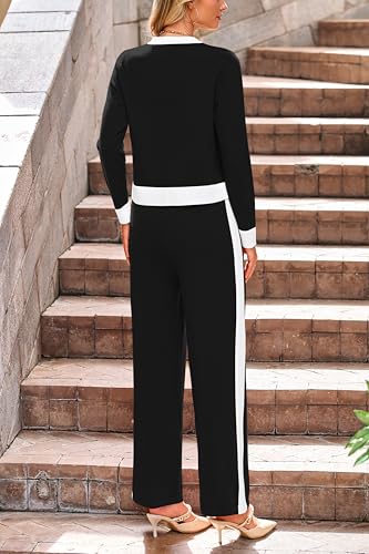 Women's 2 Piece Outfits Long Sleeve Button Down Color Block Cardigan Sweater Sets Wide Leg Pant Lounge Set