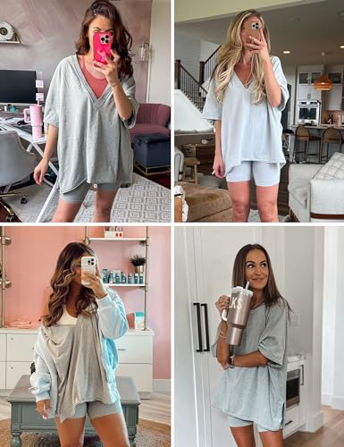 2 Piece Outfits for Women Reversible Oversized T Shirt Biker Shorts Sets Workout Tracksuit