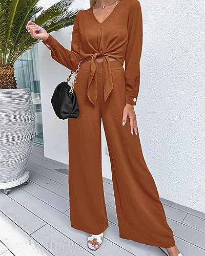 Women's 2 Piece Outfits 2025 Fall Fashion V Neck Long Sleeve Strappy Crop Top Wide Leg Pant Lounge Sets
